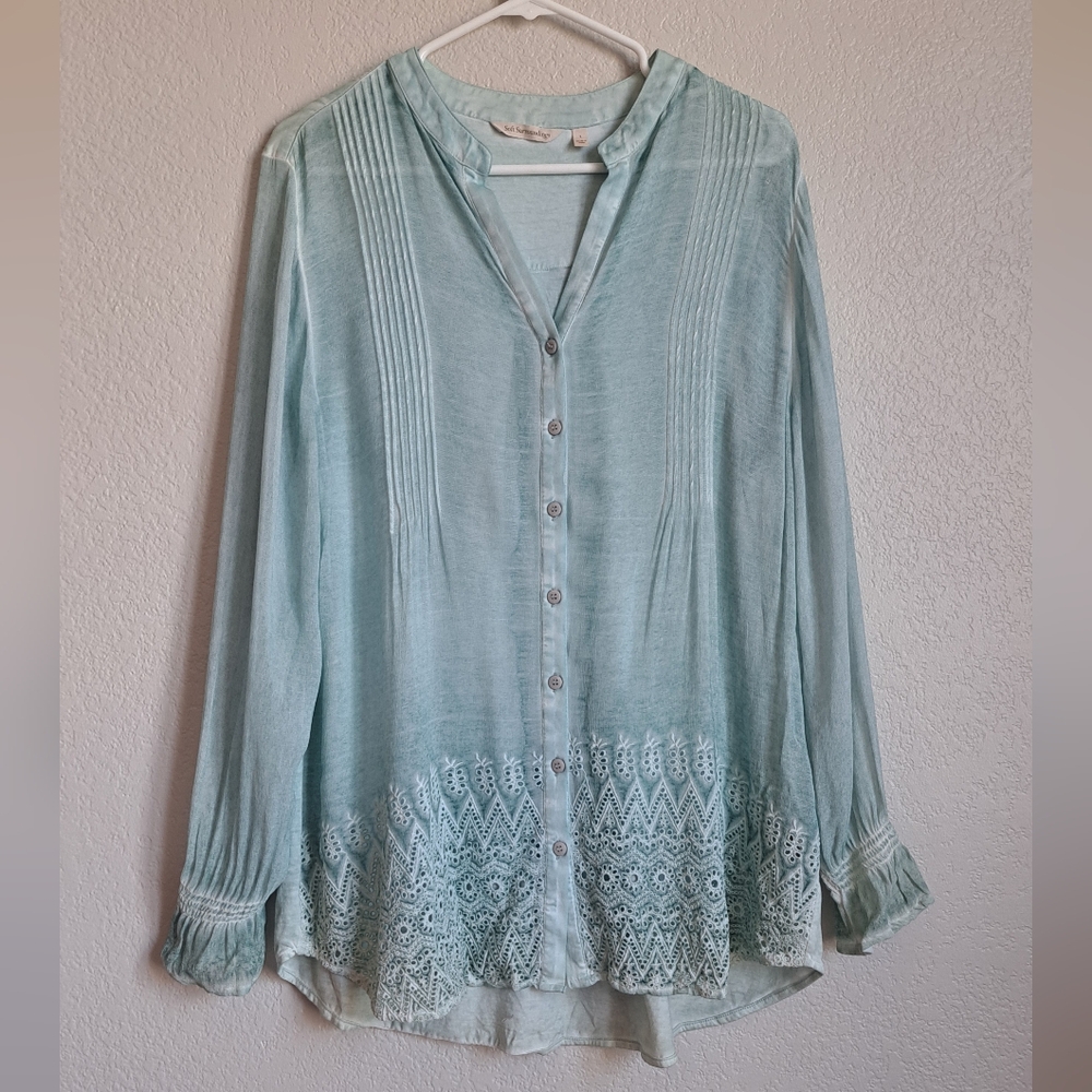 Soft Surroundings Light Blue Cottage Button Down Longsleeve Blouse Size Large